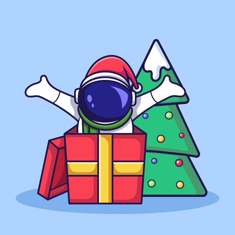 lindo personaje de astronauta navideño sorprende fuera de la caja de regalo. ilustración de dibujos animados de estilo plano vector
