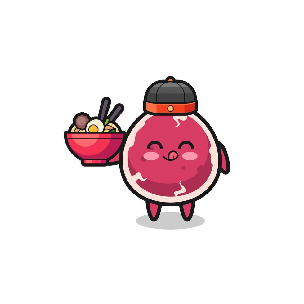 beef as Chinese chef mascot holding a noodle bowl vector
