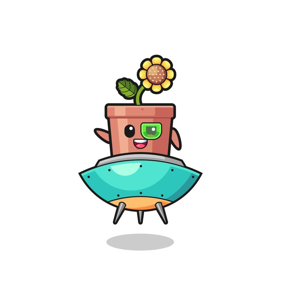 sunflower pot cartoon riding a future spaceship vector