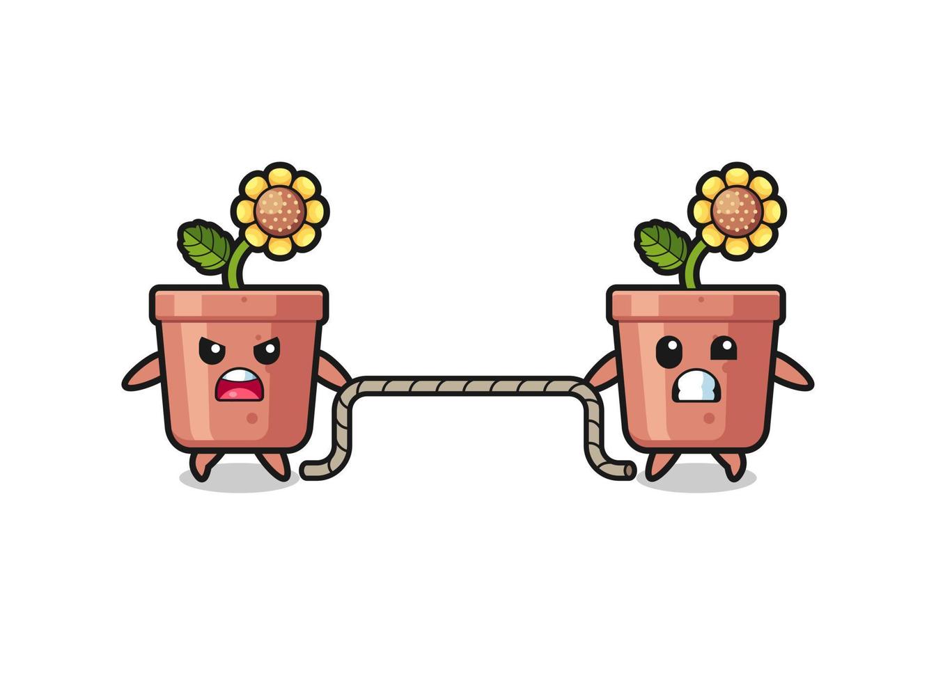 cute sunflower pot character is playing tug of war game vector