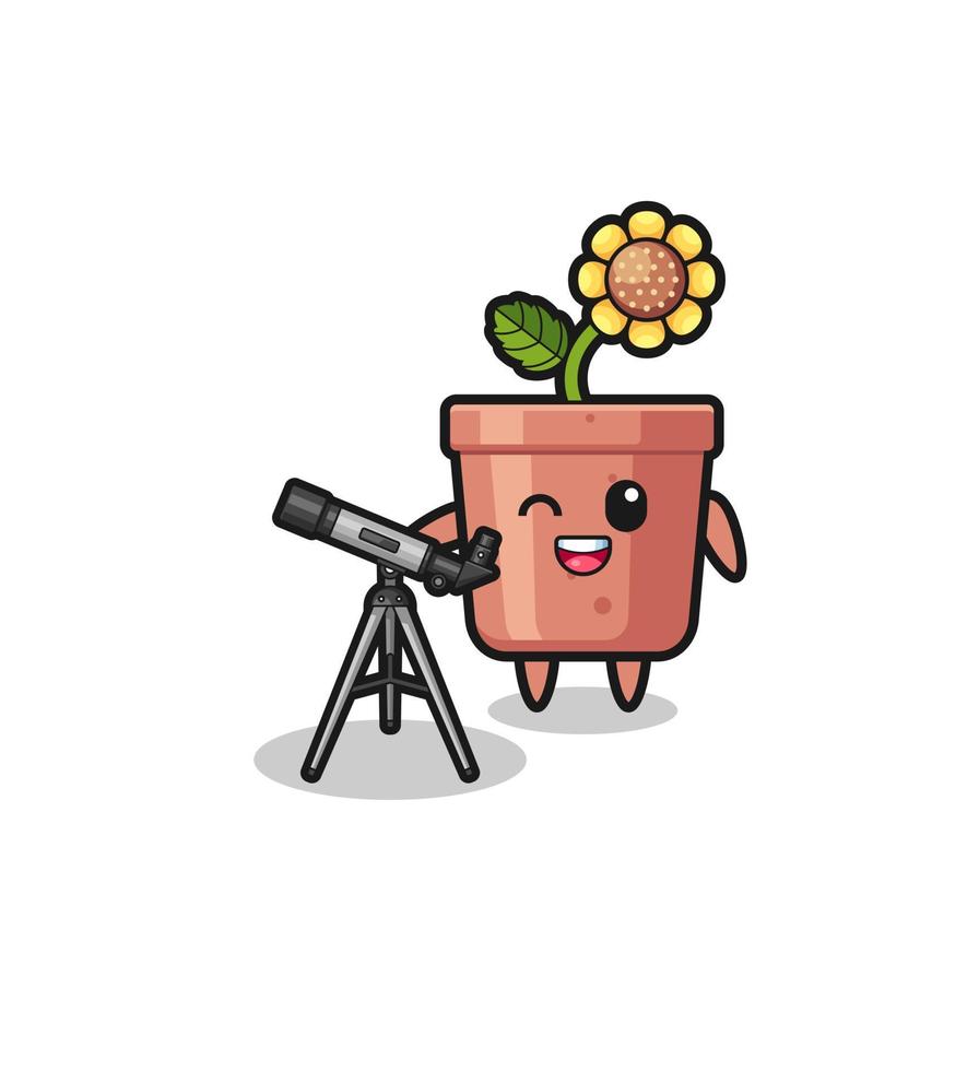 sunflower pot astronomer mascot with a modern telescope vector