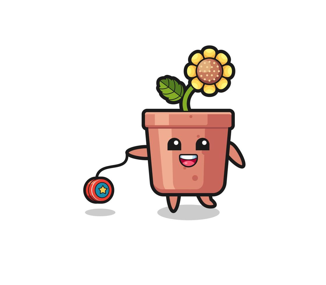 cartoon of cute sunflower pot playing a yoyo vector