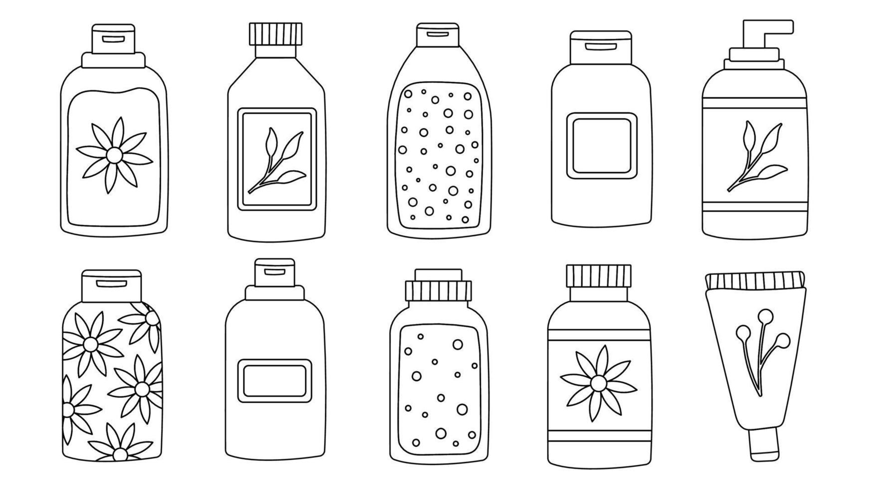 un conjunto de botellas y tubos de cosméticos, tarros para el cuidado de la piel con crema facial, capilar y corporal. estilo de moda para postal, pancarta, plantilla de papel de regalo. trazo editable de ilustración vectorial. vector