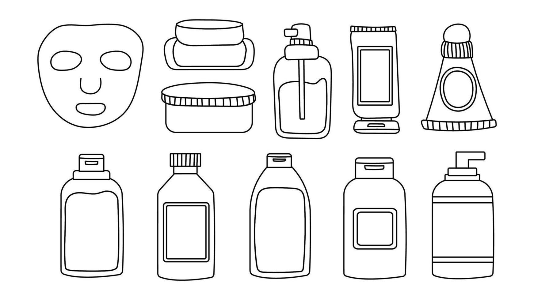 A set of bottles and tubes of cosmetics, jars for skin care with