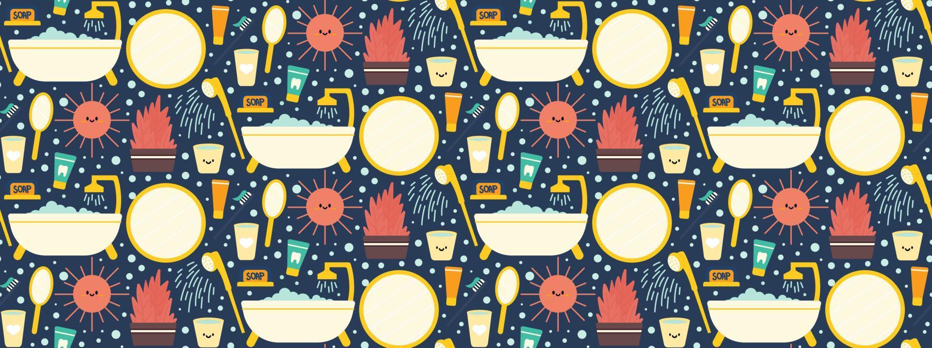 Seamless repeating bathroom pattern with shower and personal care items. Morning and evening routine. Vector illustration.