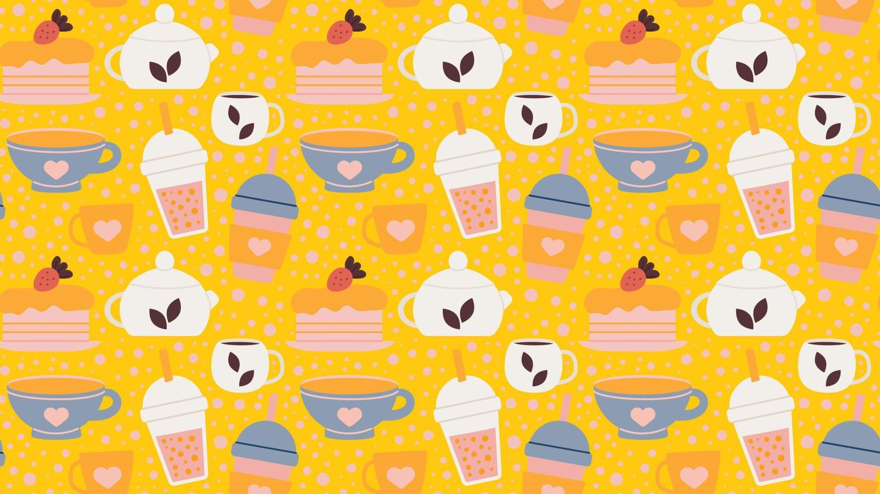 Seamless repeating pattern with drinks and desserts for cafe menu. Print for a shop with tea and coffee and a hot drink. Vector illustration.