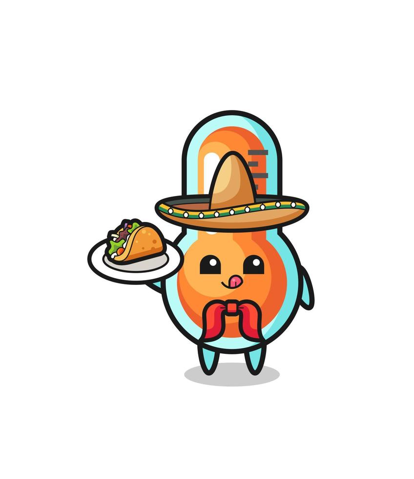termómetro mascota chef mexicano sosteniendo un taco vector