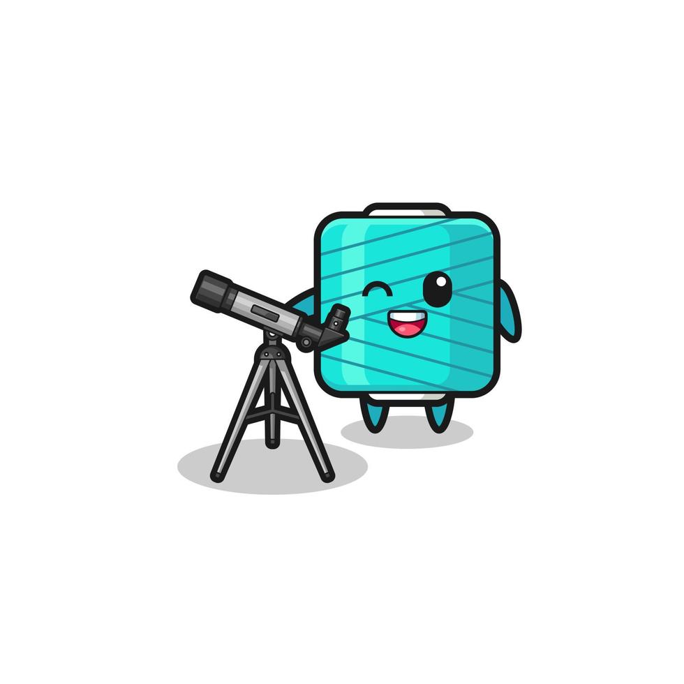mascota de astrónomo de carrete de hilo con un telescopio moderno vector