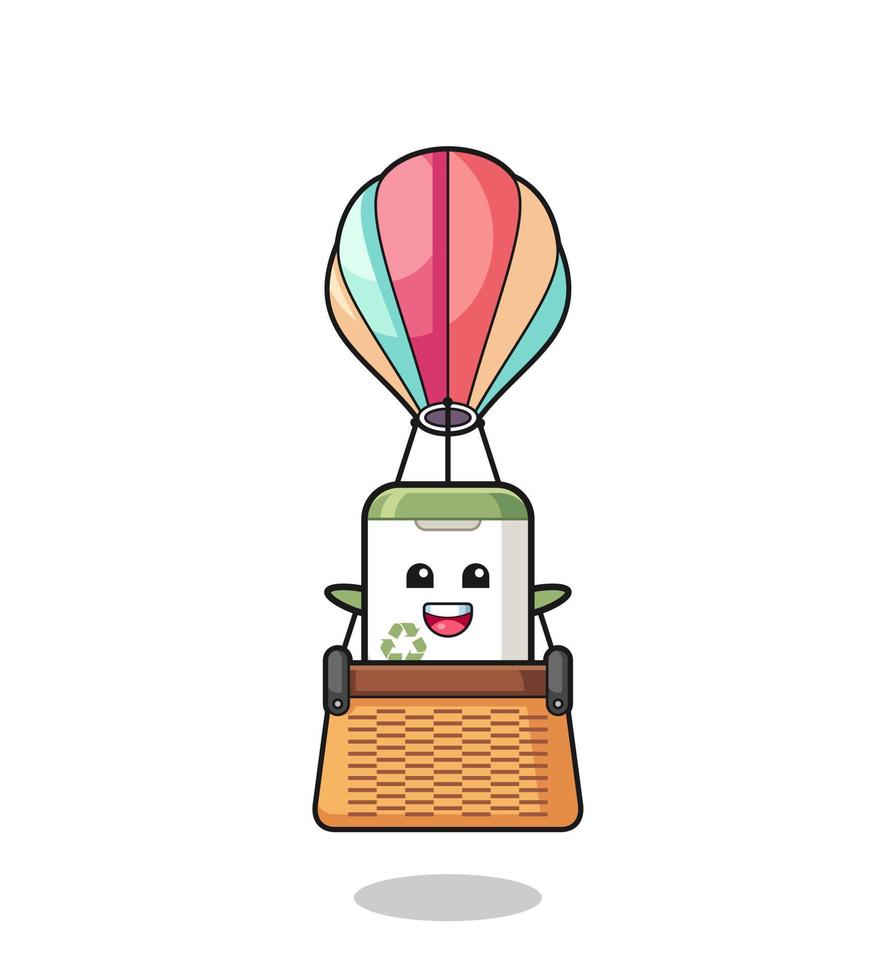 mascota del bote de basura montando un globo aerostático vector