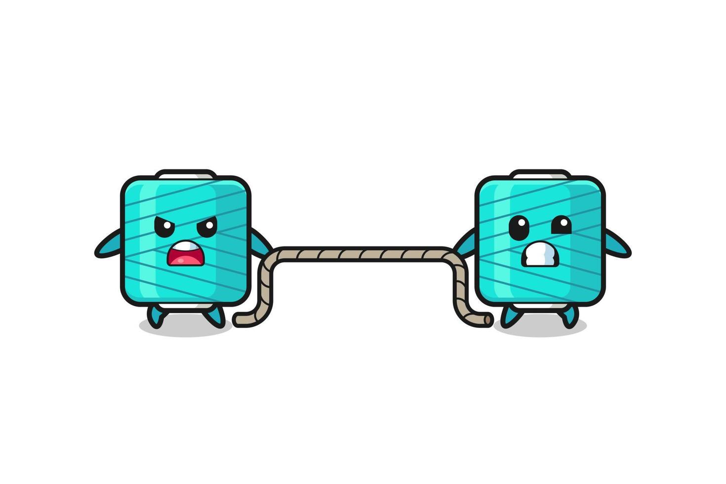 cute yarn spool character is playing tug of war game vector