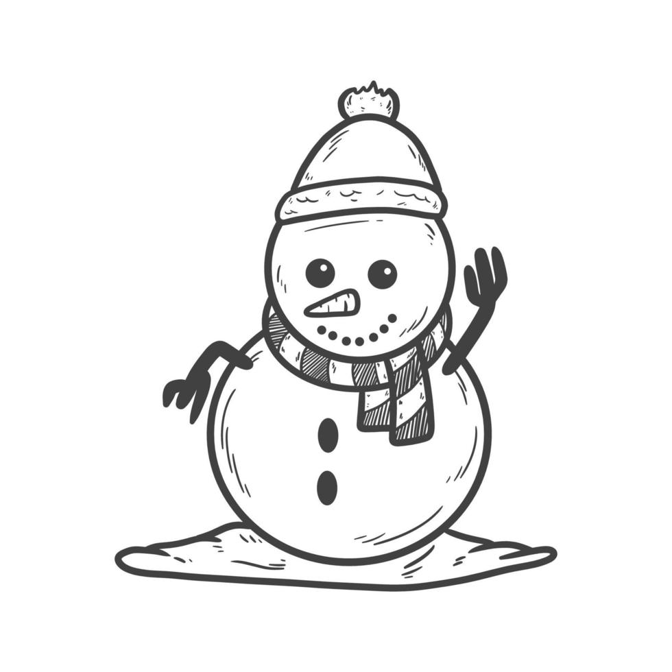 muñeco de nieve feliz blanco y negro dibujado a mano. vector de estilo plano