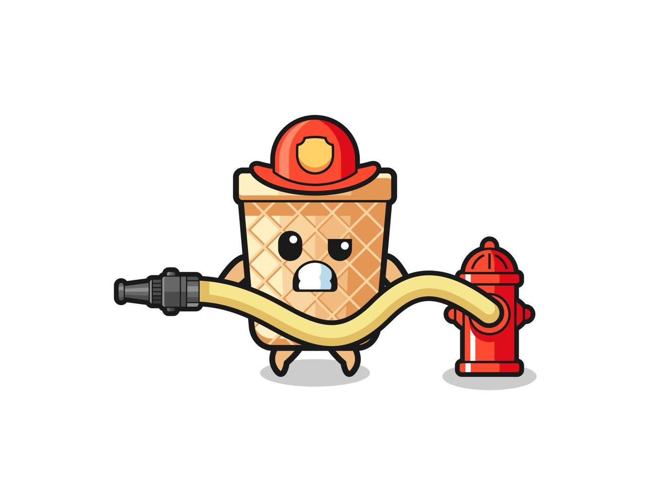 waffle cone cartoon as firefighter mascot with water hose vector