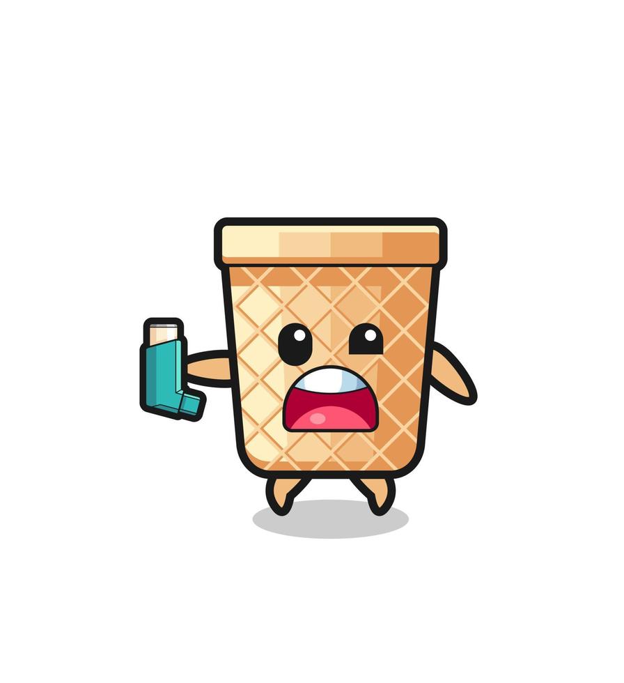 waffle cone mascot having asthma while holding the inhaler vector
