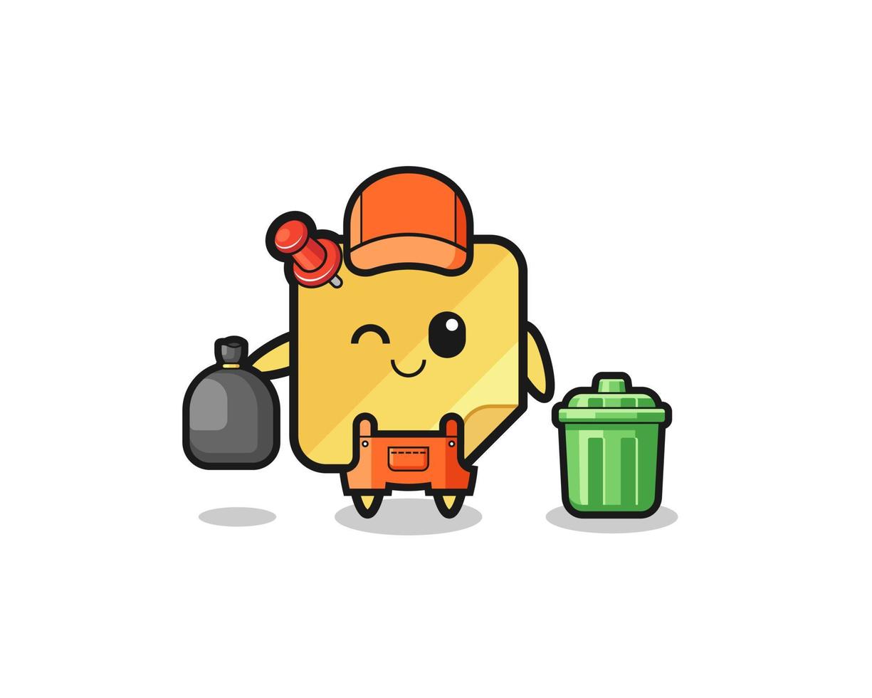 the mascot of cute sticky notes as garbage collector vector