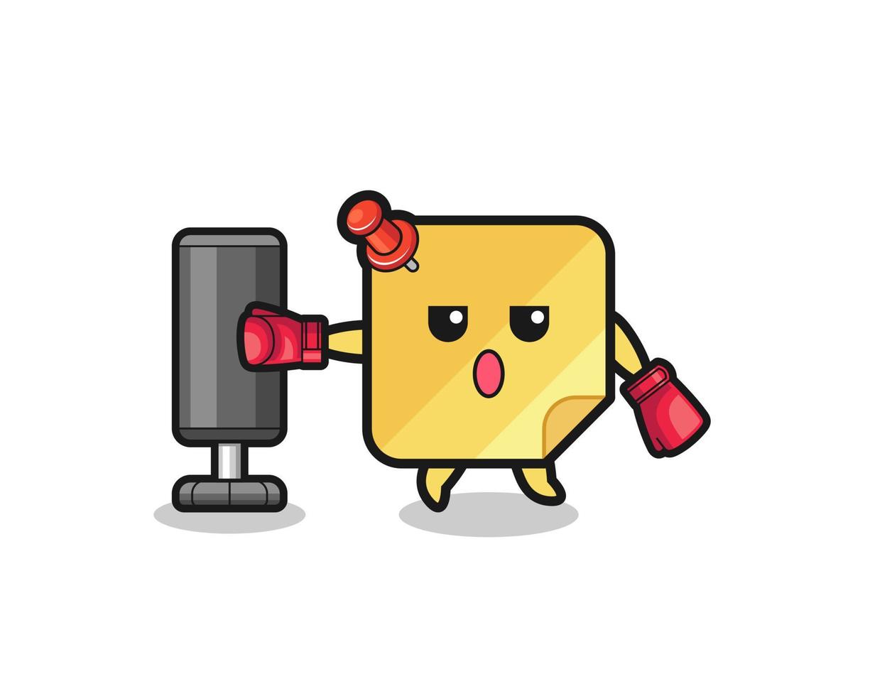 sticky notes boxer cartoon doing training with punching bag vector