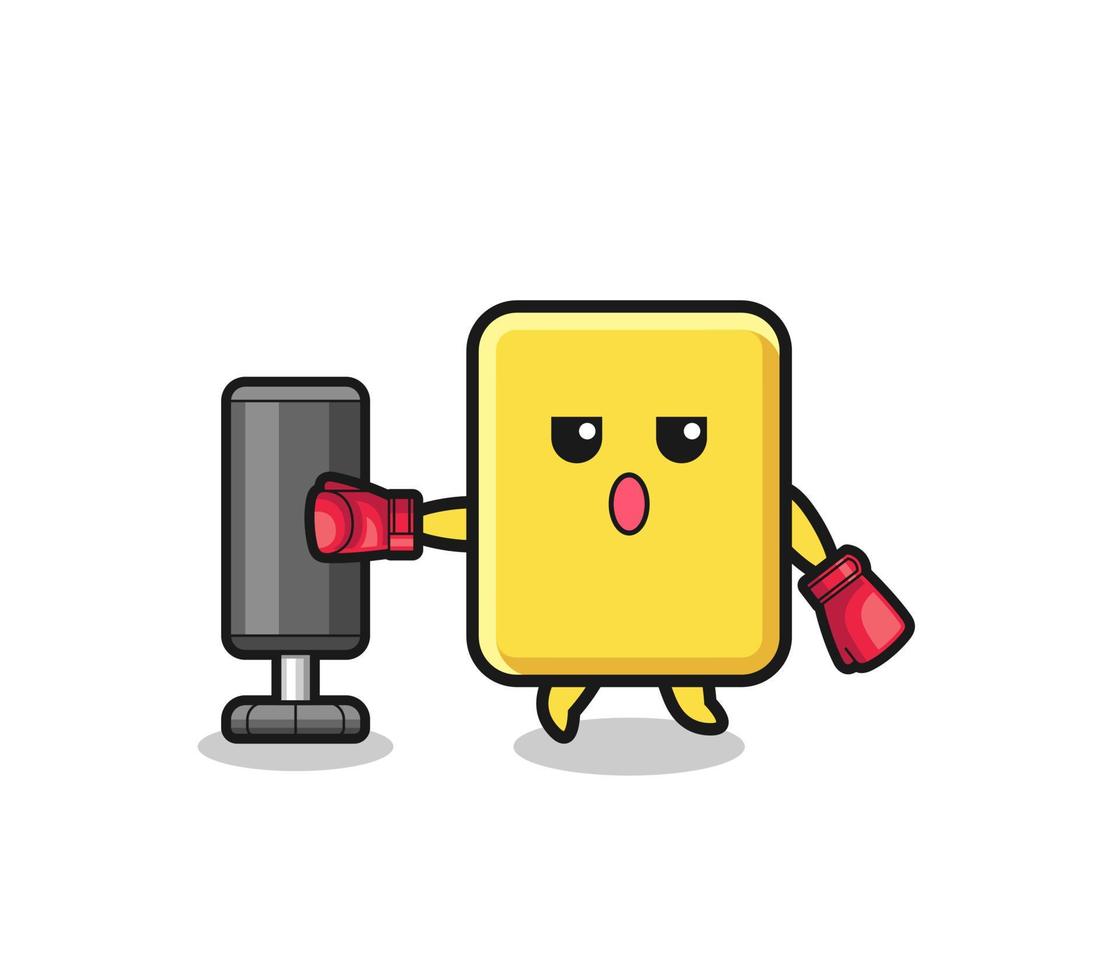 yellow card boxer cartoon doing training with punching bag vector