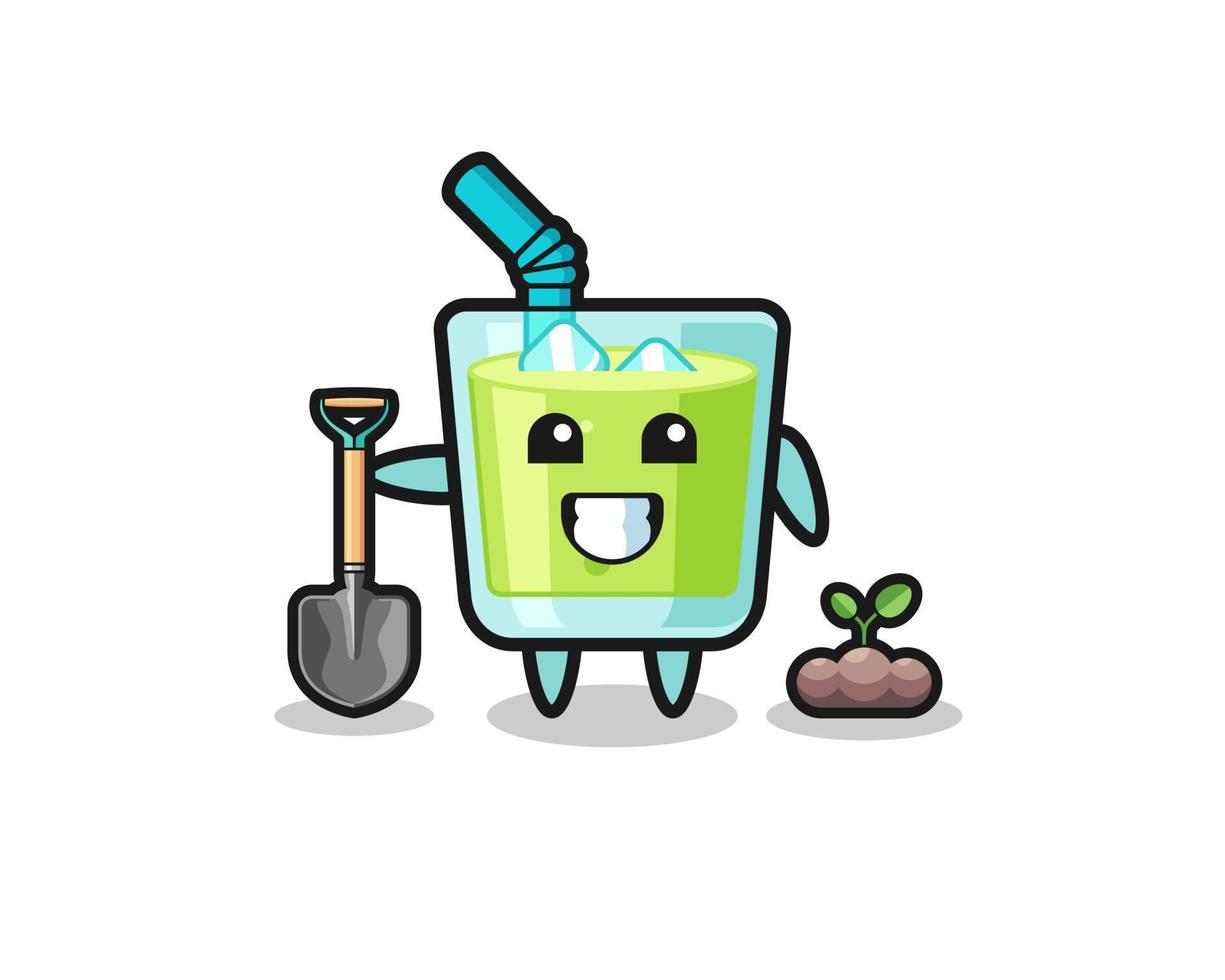 linda caricatura de jugo de melón está plantando una semilla de árbol vector