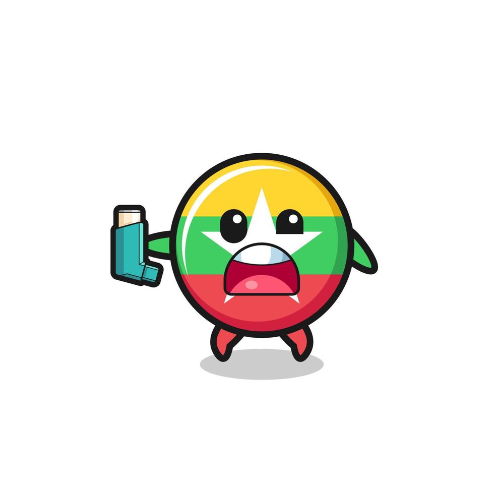 myanmar flag mascot having asthma while holding the inhaler vector