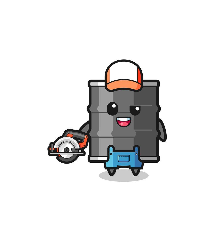 the woodworker oil drum mascot holding a circular saw vector