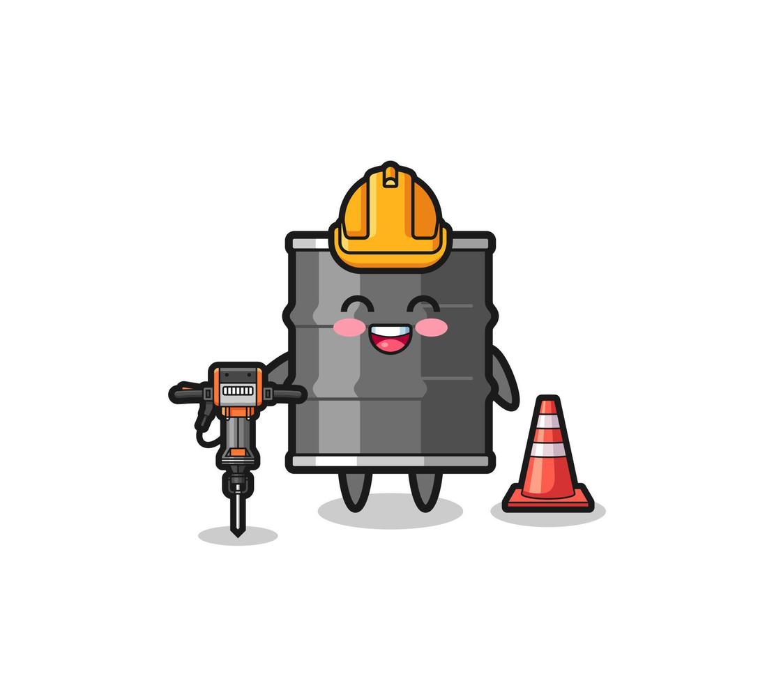 road worker mascot of oil drum holding drill machine vector