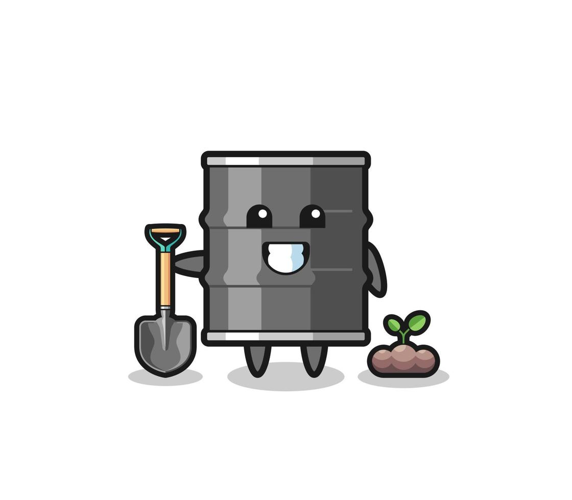 cute oil drum cartoon is planting a tree seed vector