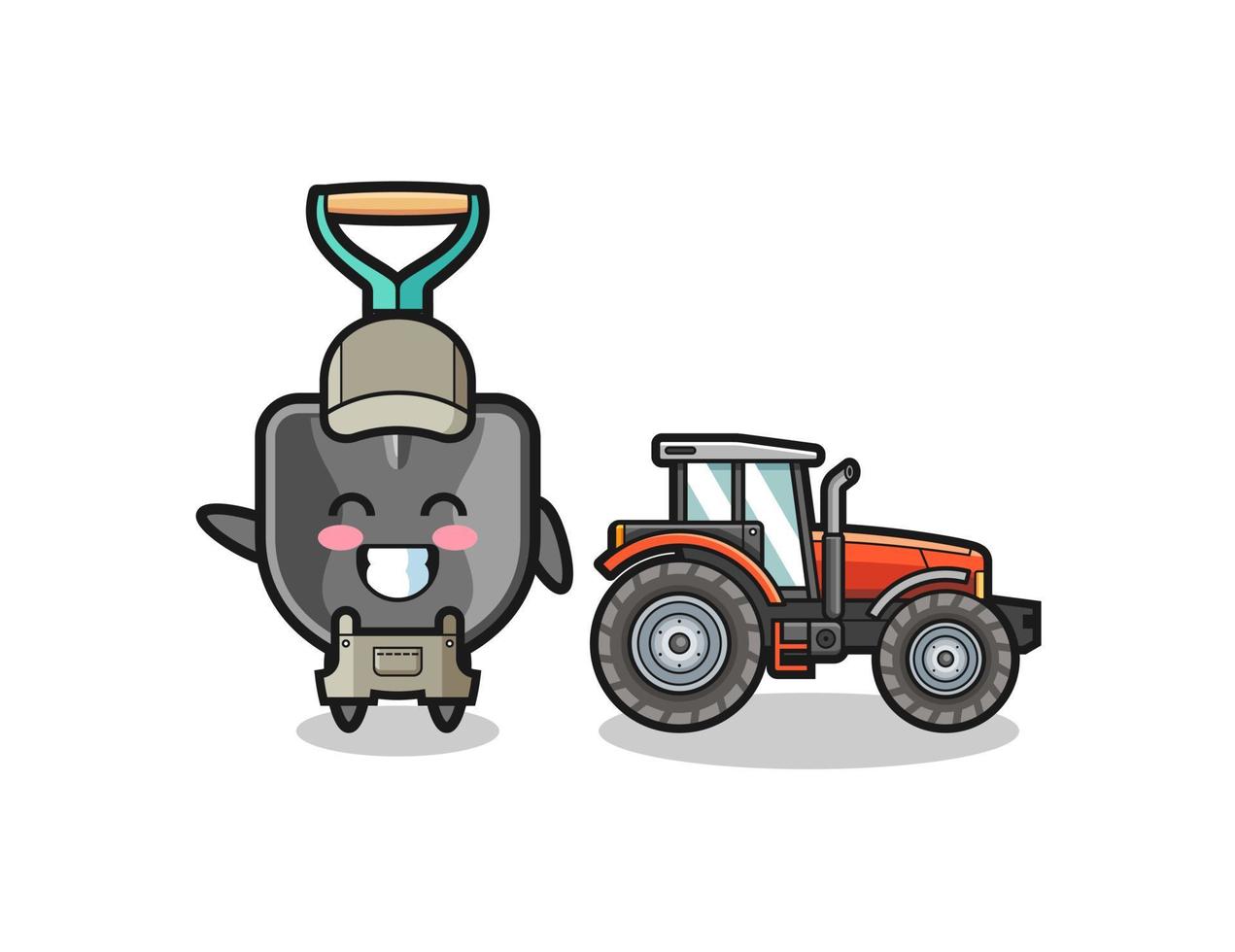 la mascota del granjero pala de pie junto a un tractor vector