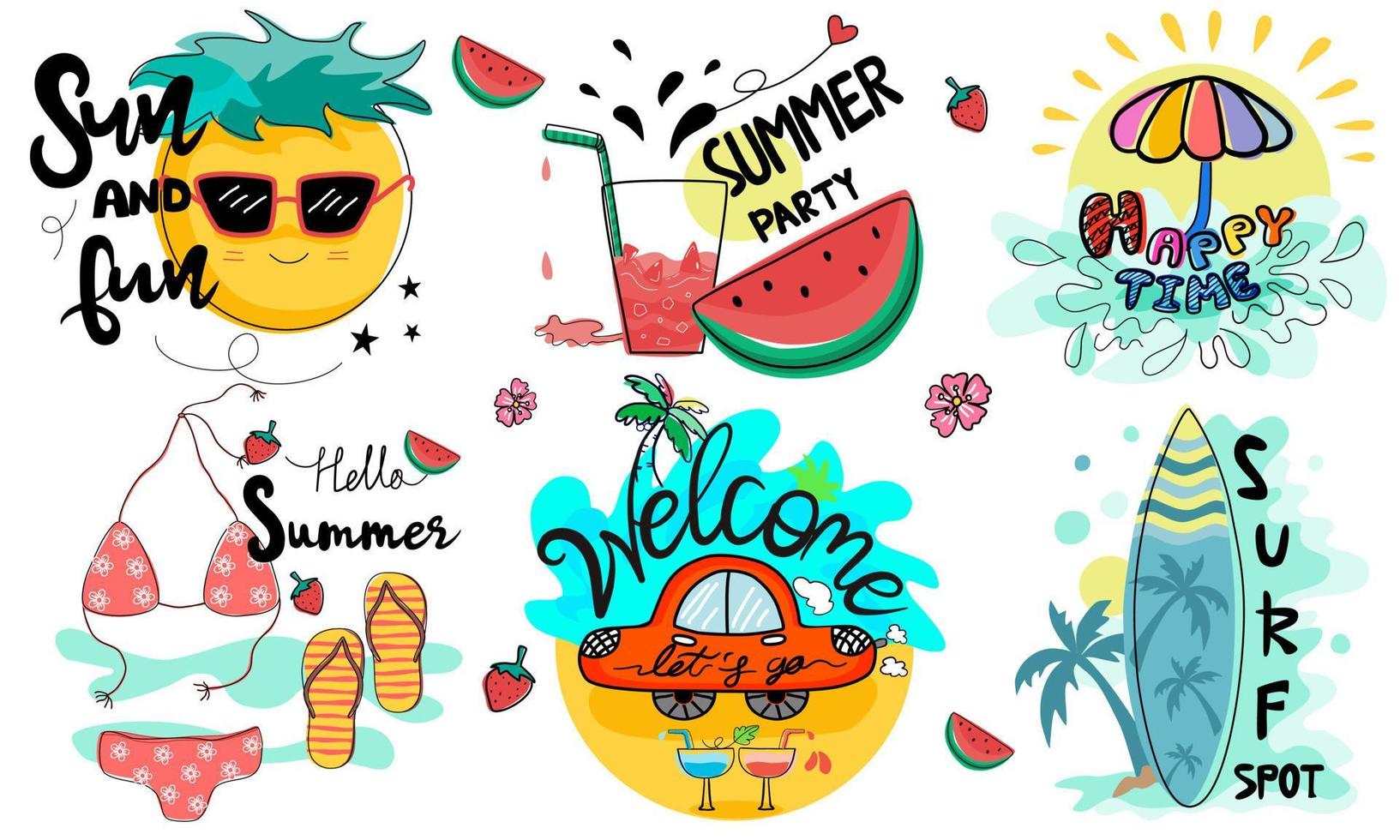 paquete, letras a mano e ilustración de verano vector