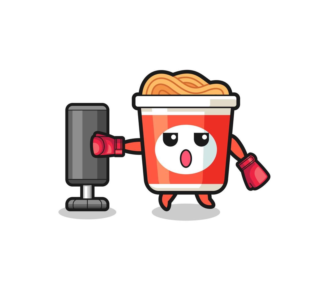 instant noodle boxer cartoon doing training with punching bag vector