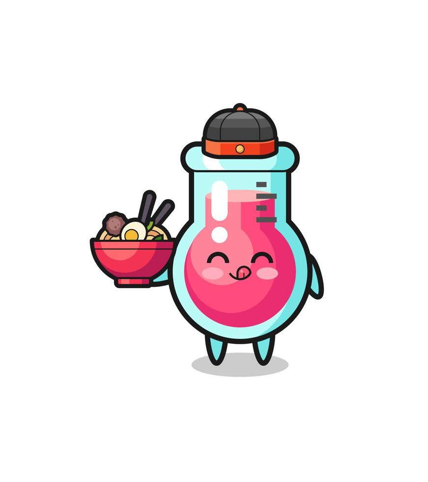 laboratory beaker as Chinese chef mascot holding a noodle bowl vector