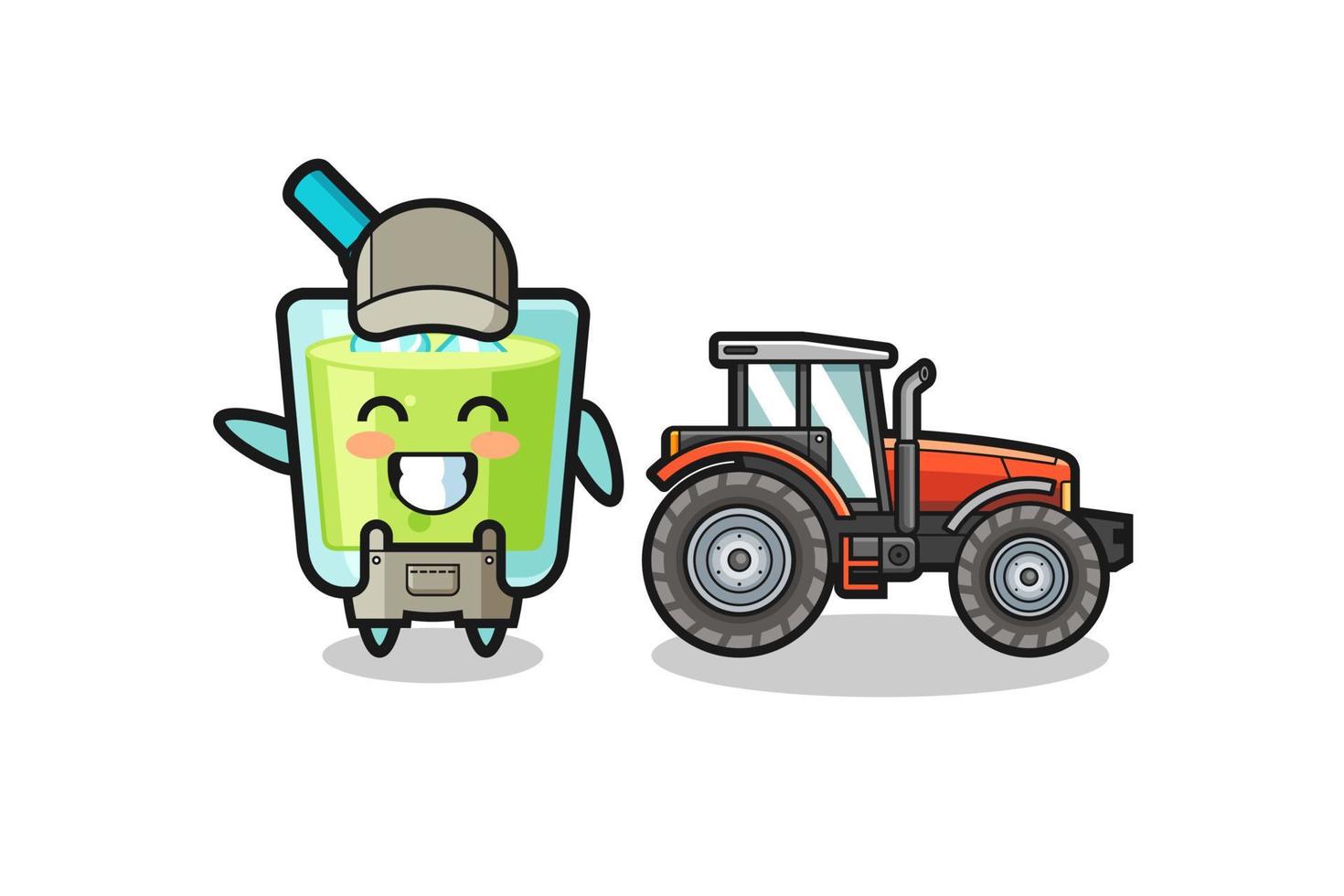 la mascota del granjero de jugo de melón de pie junto a un tractor vector