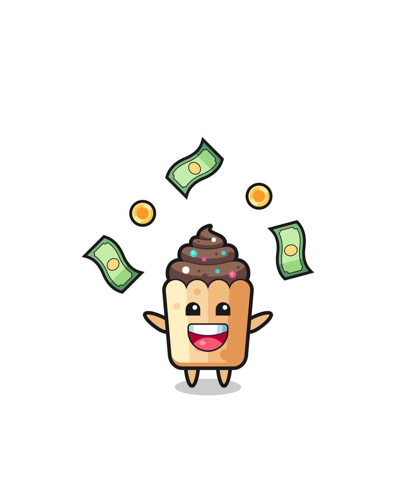 illustration of the cupcake catching money falling from the sky vector