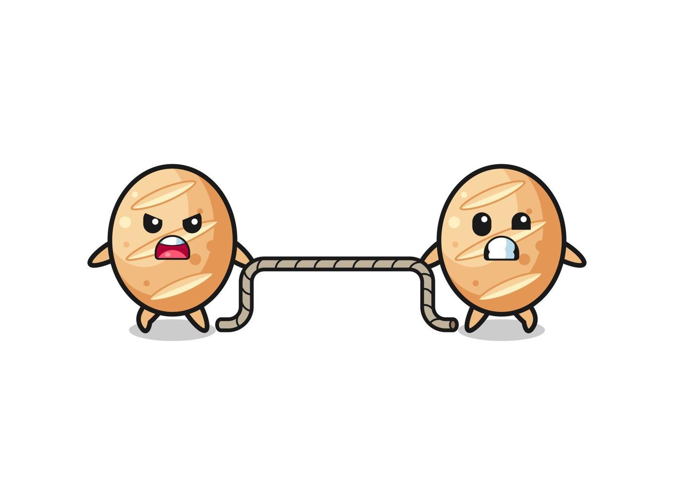 cute french bread character is playing tug of war game vector