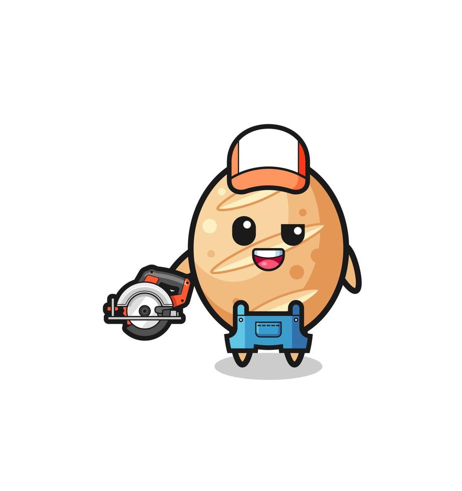 the woodworker french bread mascot holding a circular saw vector