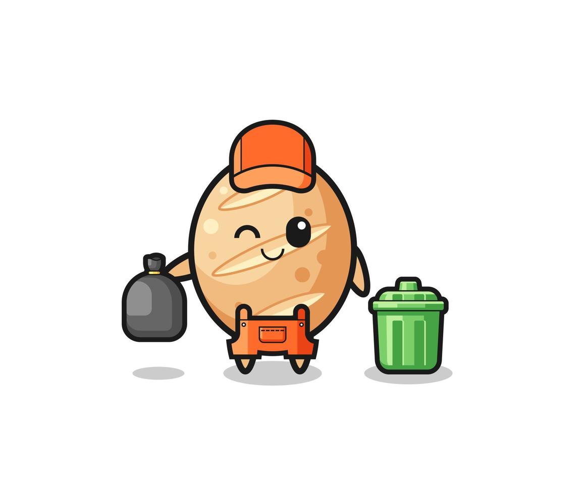 the mascot of cute french bread as garbage collector vector