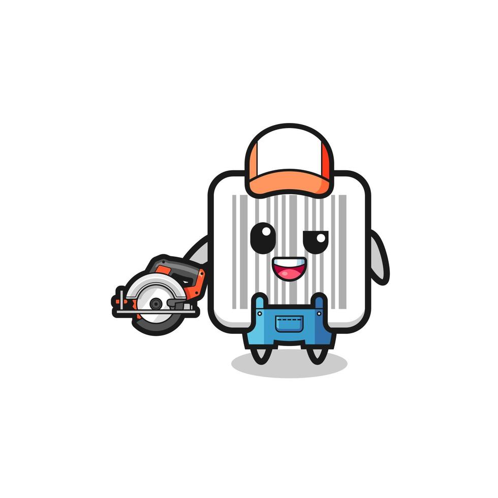 the woodworker barcode mascot holding a circular saw vector
