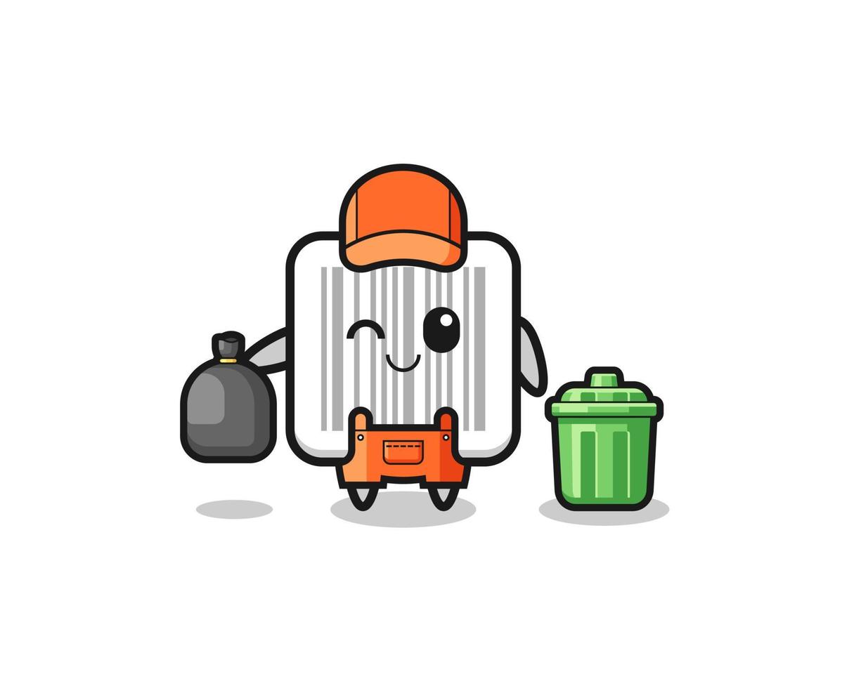 la mascota del lindo código de barras como recolector de basura vector