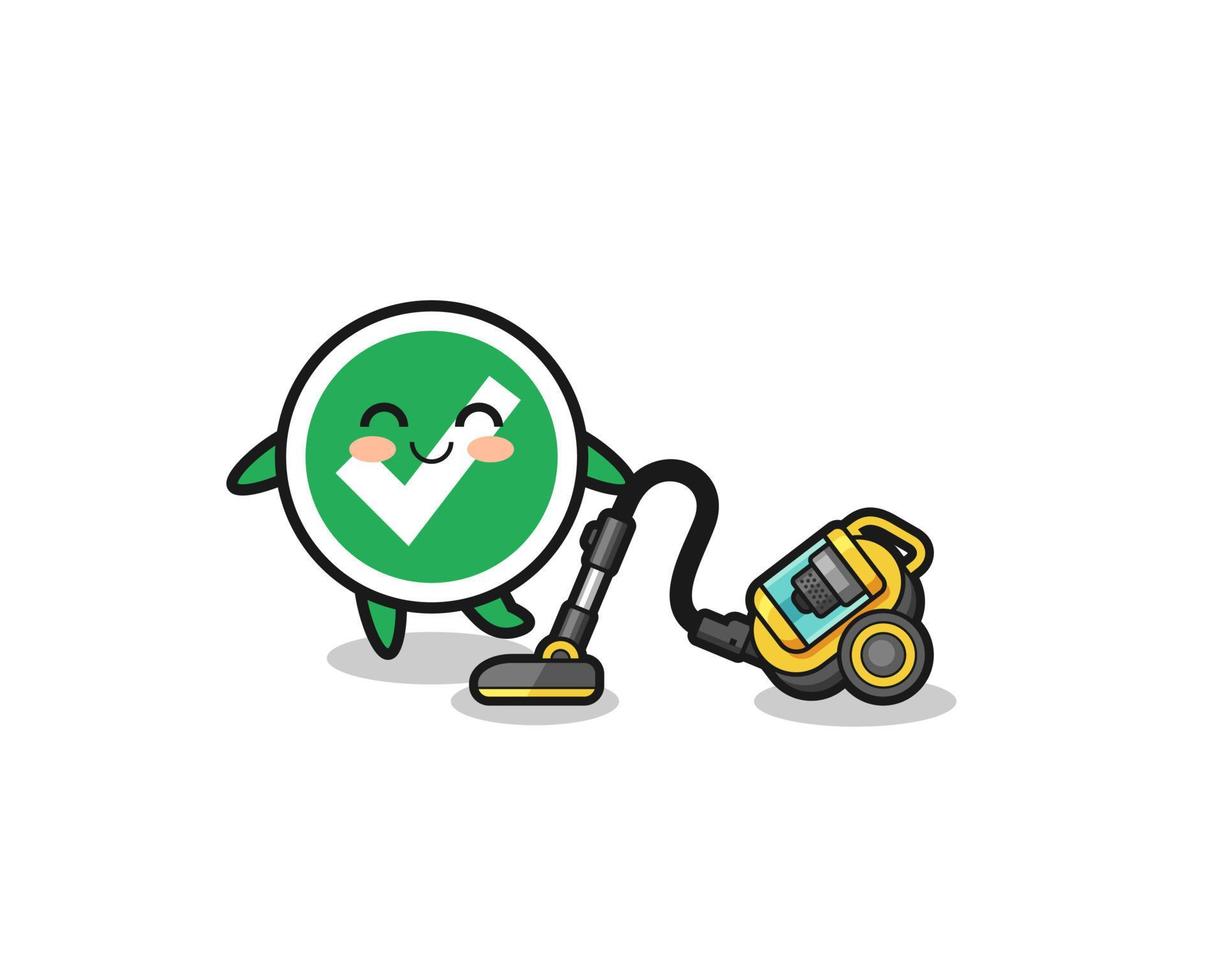 cute check mark holding vacuum cleaner illustration vector