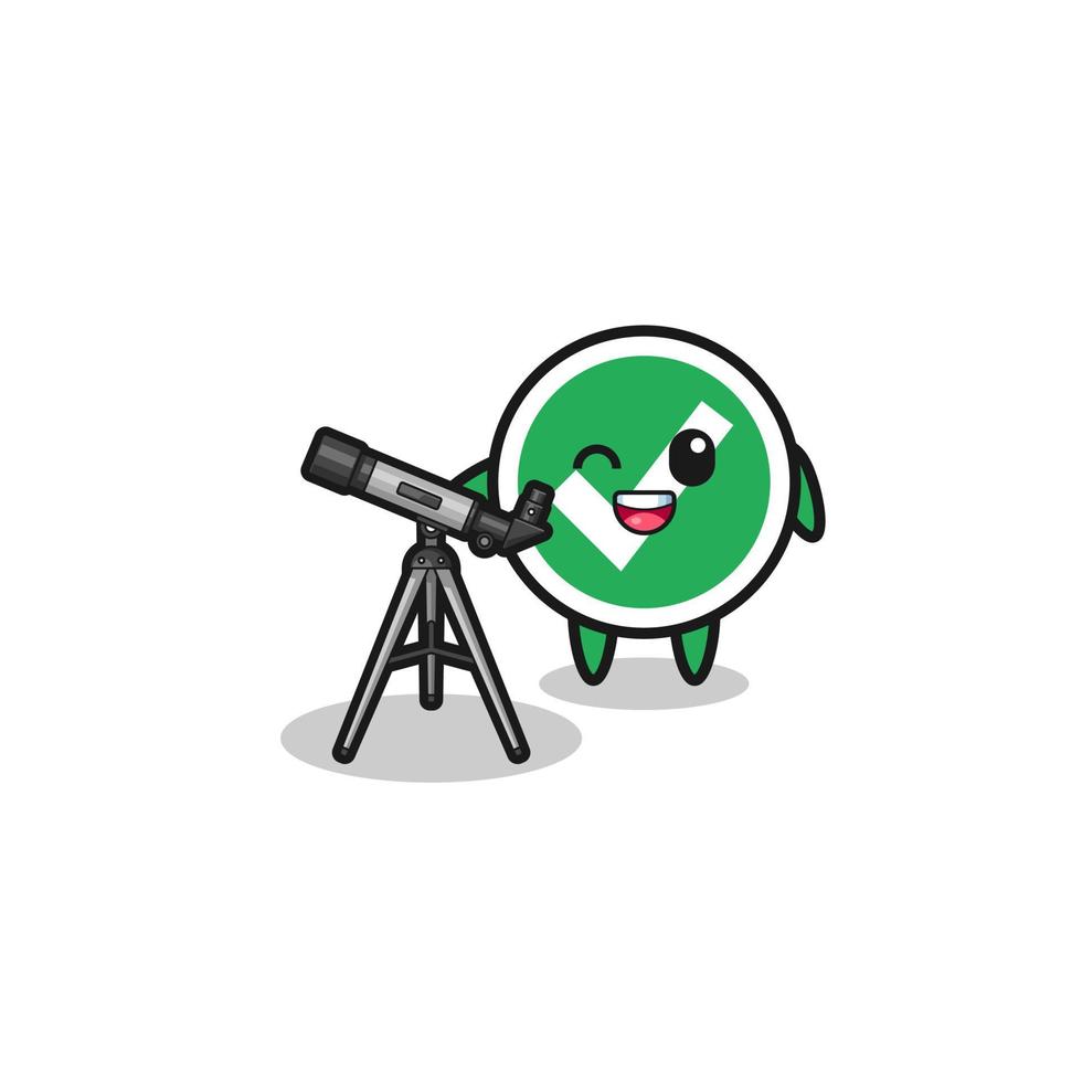 marca de verificación mascota astrónomo con un telescopio moderno vector