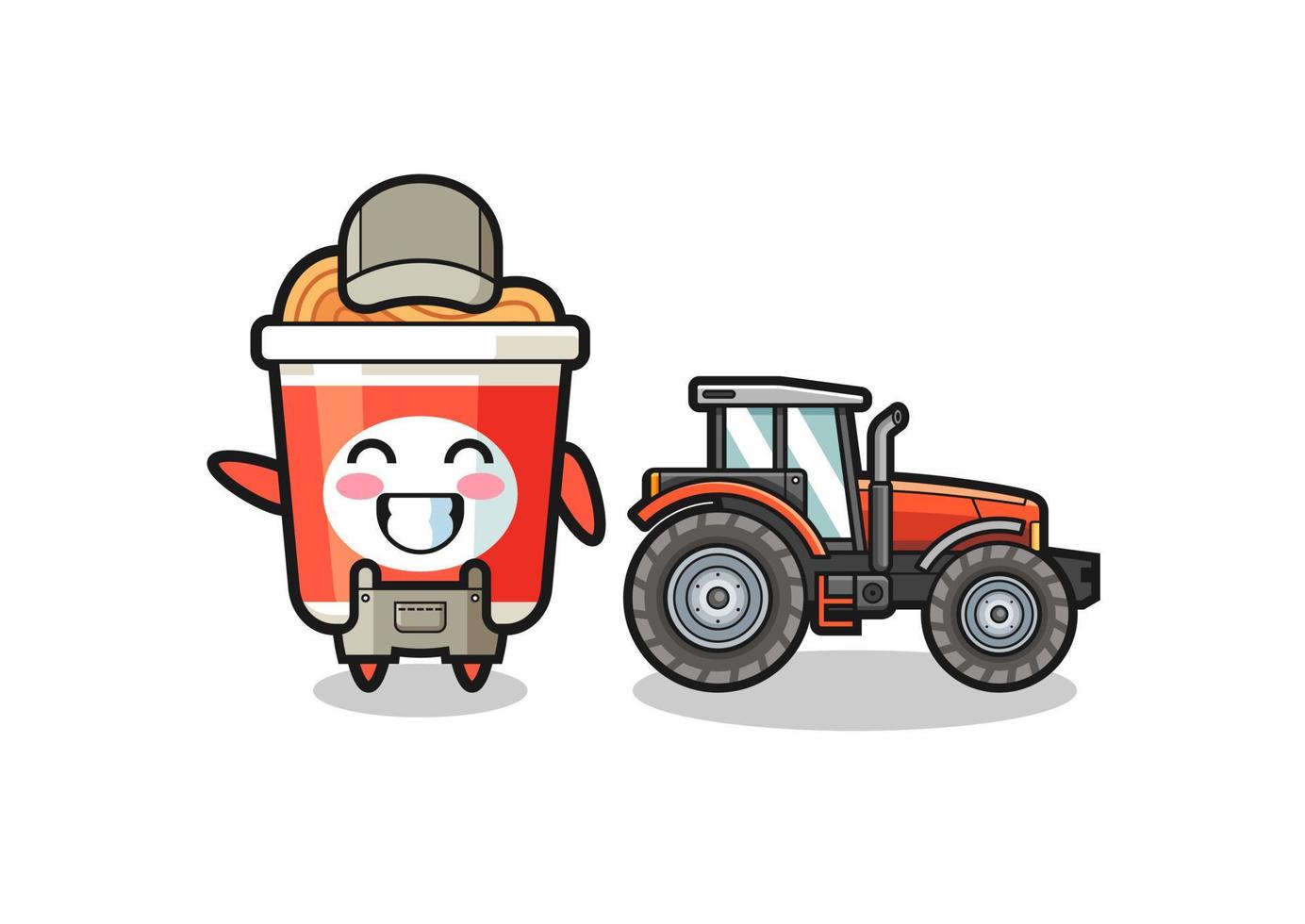 the instant noodle farmer mascot standing beside a tractor vector