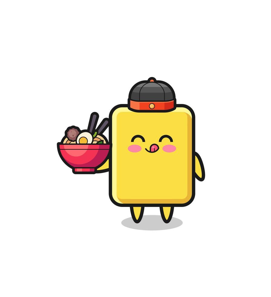 yellow card as Chinese chef mascot holding a noodle bowl vector