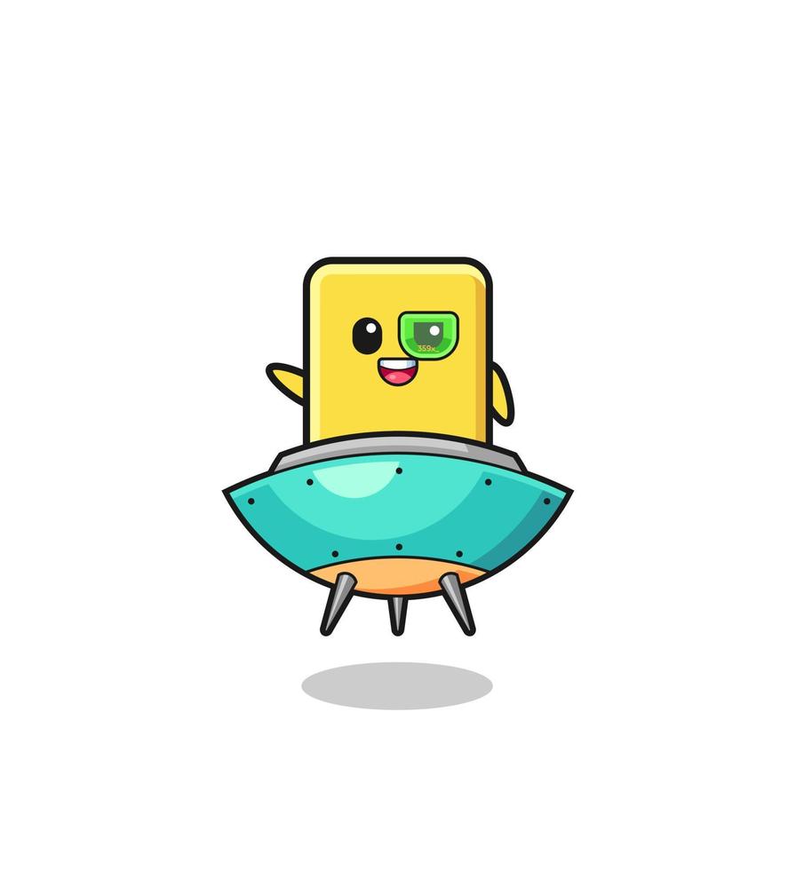 yellow card cartoon riding a future spaceship vector