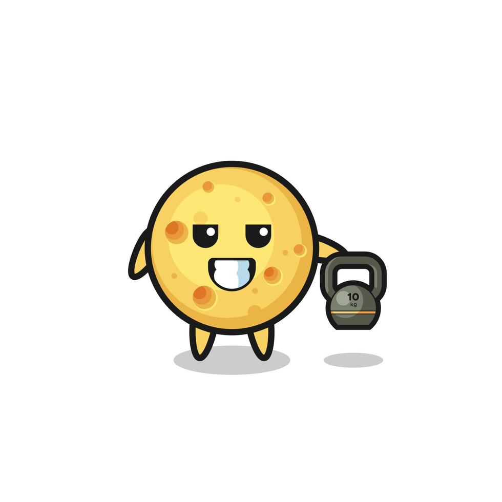 round cheese mascot lifting kettlebell in the gym vector