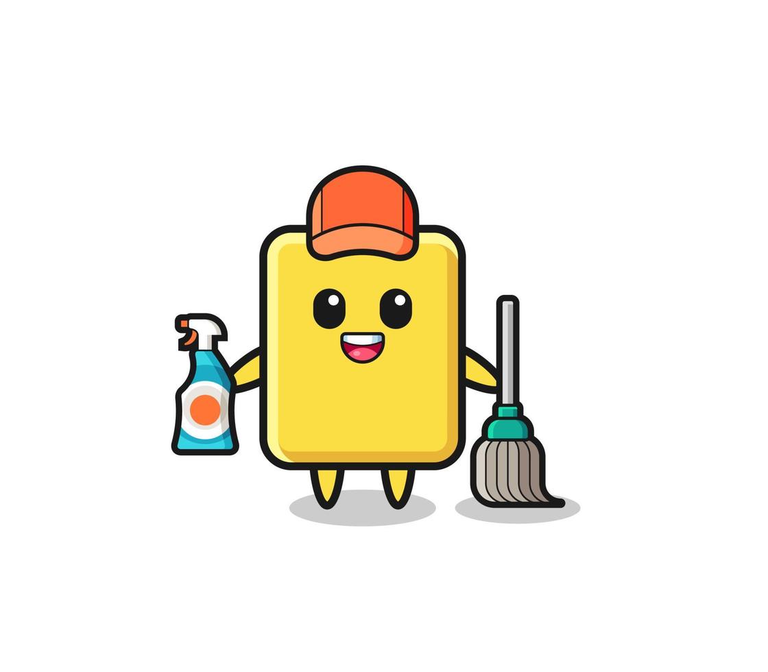 lindo personaje de tarjeta amarilla como mascota de los servicios de limpieza vector