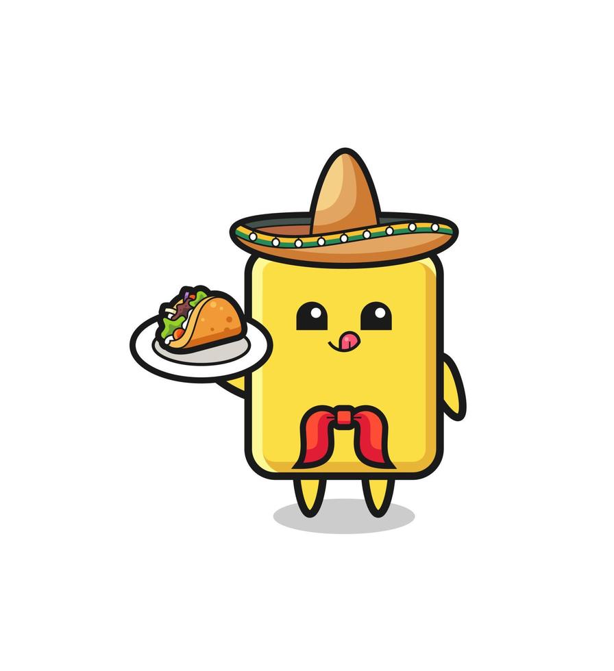 yellow card Mexican chef mascot holding a taco vector