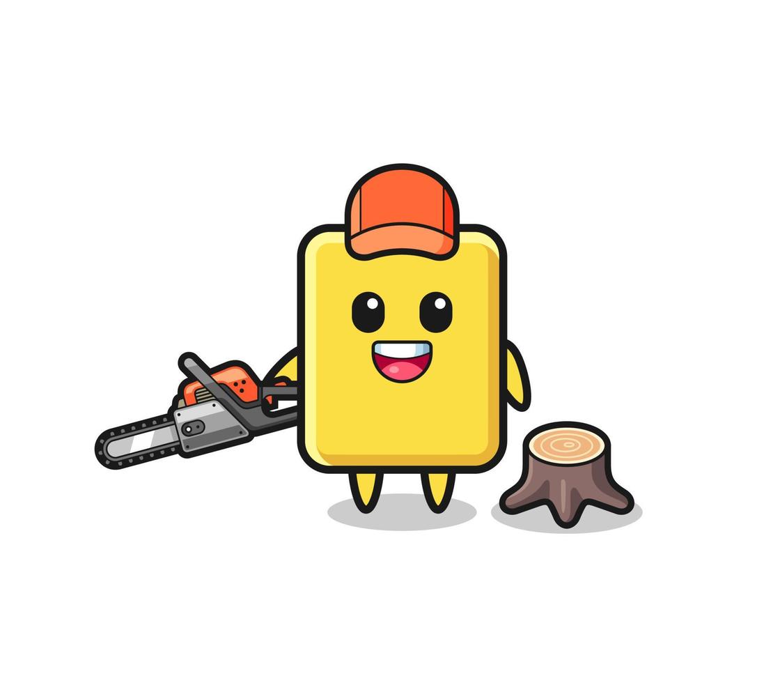 yellow card lumberjack character holding a chainsaw vector