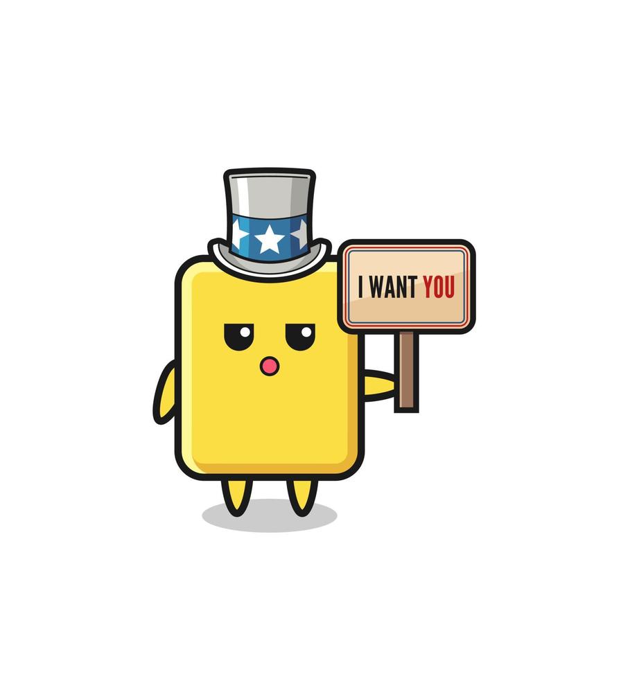 yellow card cartoon as uncle Sam holding the banner I want you vector