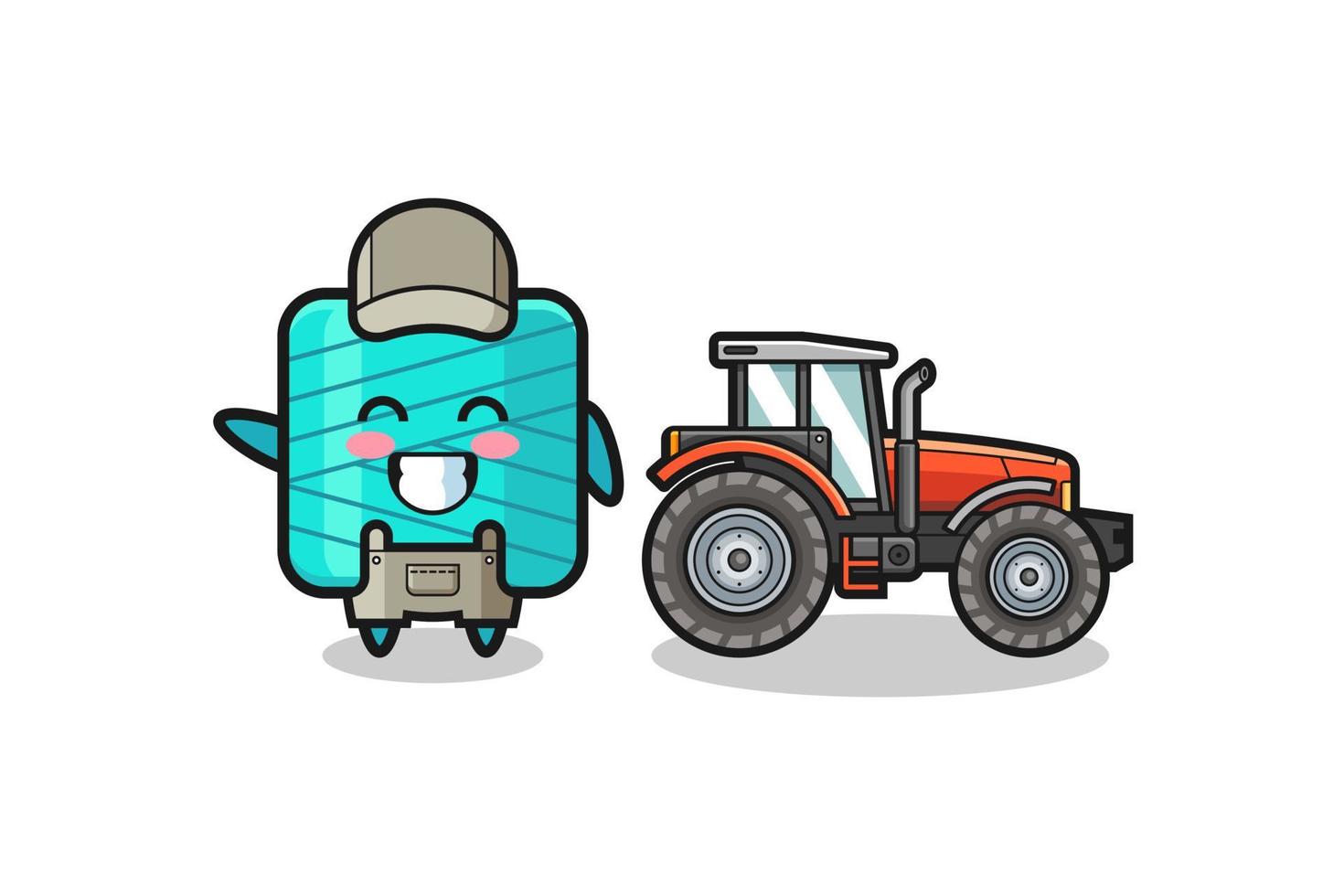 the yarn spool farmer mascot standing beside a tractor vector