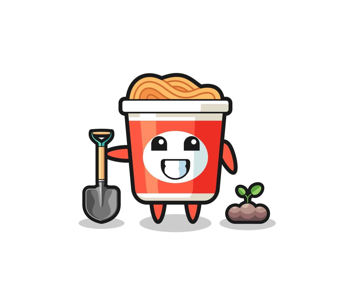 cute instant noodle cartoon is planting a tree seed vector
