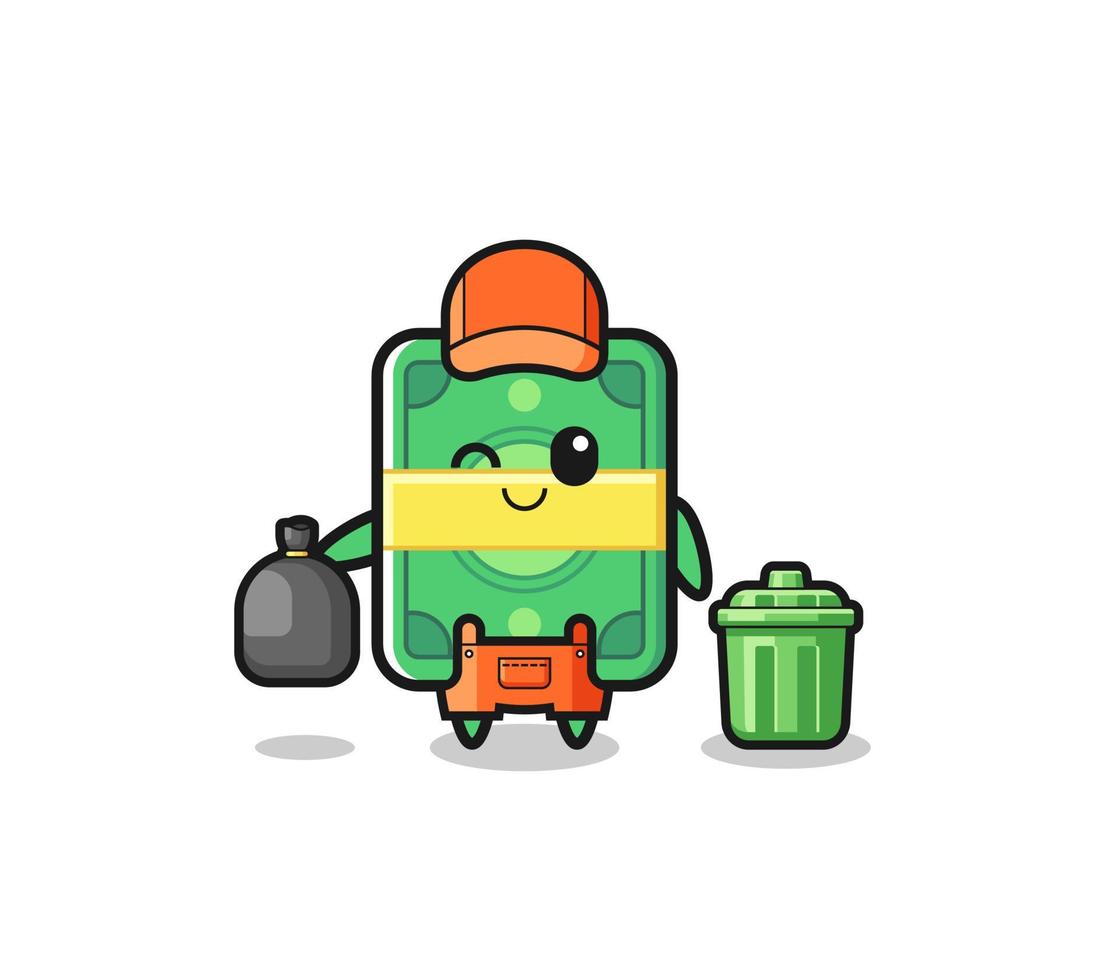 the mascot of cute money as garbage collector vector