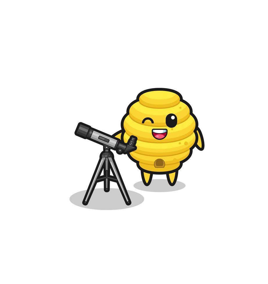 bee hive astronomer mascot with a modern telescope vector